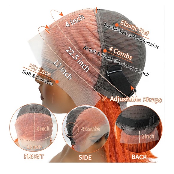 Ginger Bob Wig Human Hair 13x4 Lace 12 inch - Picture 3 of 6